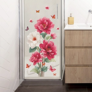 Peony flower and butterfly wall stickers for bedroom and living room glass decor