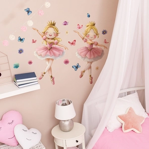 Cartoon dancing princess wall decals with pink butterflies and flowers for kids bedroom decoration