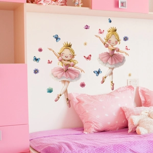 Ballerina princess wall stickers with pink butterfly and flower decorations for kids room