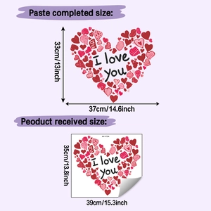 Size chart for heart wall stickers showing finished 33x37cm and original 35x39cm sheets