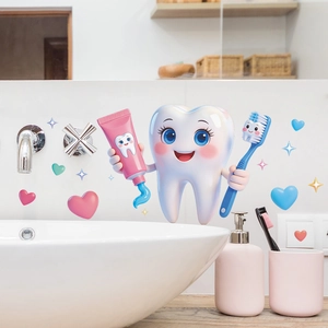 Sticker Mural de Salle de Bain Dent en Dessin Animé PVC Imperméable Film Statique Vinyle Décalcomanie pour Décoration Dentaire