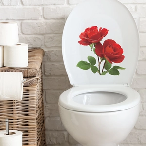 Self-adhesive red rose toilet seat wall stickers with realistic green leaves and dew drops
