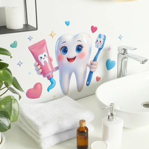 Sticker mural de salle de bain avec dent de dessin animé mignonne, brosse à dents et dentifrice