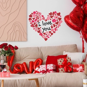 Valentine's Day heart wall decal with I Love You text and red roses for home decor