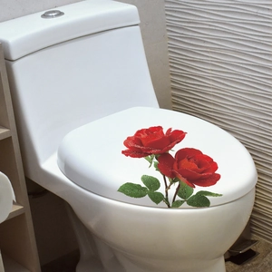 Realistic red rose self-adhesive wall stickers for white ceramic toilet lid bathroom decor
