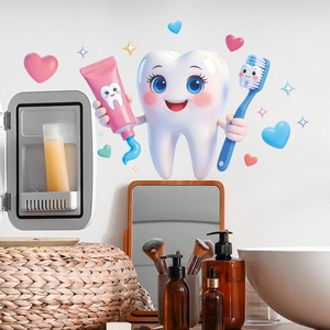 Stickers muraux dent cartoon avec brosse à dents et cœurs pour clinique dentaire