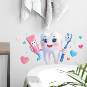 Sticker mural santé dentaire cartoon avec personnage dentaire 3D pour la salle de bain