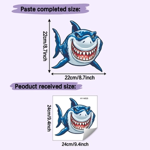 Detailed size guide for 3D shark wall sticker showing product and application dimensions
