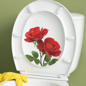 Romantic red rose wall stickers on white toilet lid with realistic water drops and green leaves