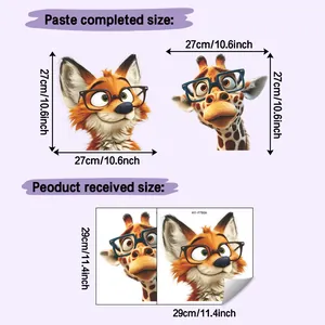 Size guide for self-adhesive fox and giraffe wall stickers showing dimensions