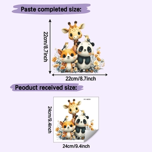 Detailed size chart showing dimensions of cartoon animal wall stickers with giraffes and pandas