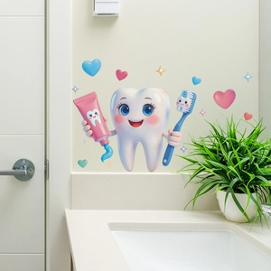 Sticker mural dent cartoon avec dentifrice et cœurs pour décoration de salle de bain