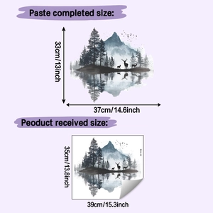 Detailed view of forest and elk wall decal with product dimensions 37x33cm after application