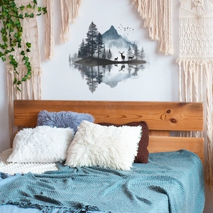 Minimalist mountain landscape wall sticker with deer reflection for bedroom decor