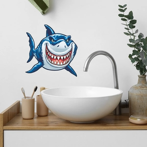 Cartoon blue shark wall decal in a bathroom setting with a modern white sink