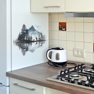 Ink style landscape wall sticker featuring elk silhouettes and lake reflections