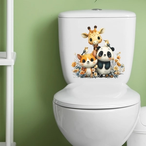 Cartoon animal toilet seat stickers featuring giraffe, panda, and fox for home decor