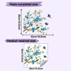 Detail showing blue flower branches and birds wall sticker layout and dimensions