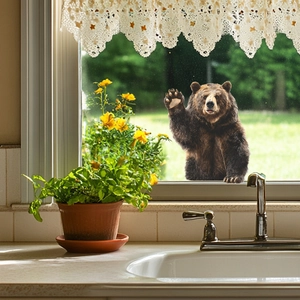 Realistic 3D brown bear wall sticker showing a cute bear waving from a kitchen window