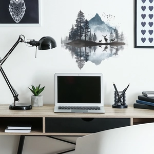 Modern mountain landscape wall sticker featuring elk silhouettes and lake reflections