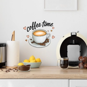 Modern coffee time wall stickers with latte cup and heart icons for kitchen decor