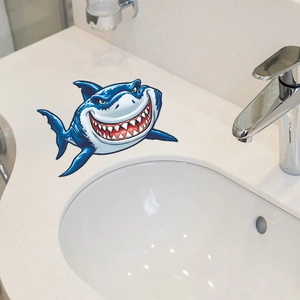 Waterproof blue cartoon shark wall sticker for bathroom and living room decor
