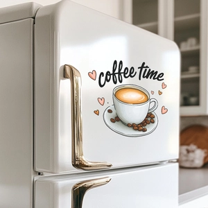 Minimalist Coffee Time wall sticker with cup and beans on a white refrigerator door