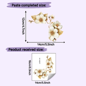 Detailed size comparison of white floral switch stickers with paste and sheet dimensions
