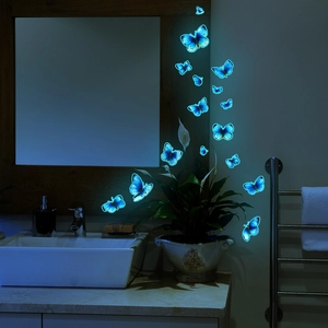 Luminous blue butterfly wall stickers glowing in dark for bathroom home decoration