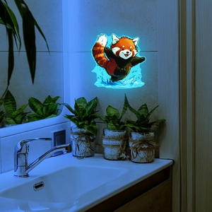 Luminous cartoon red panda wall sticker with blue glow for home bedroom decoration