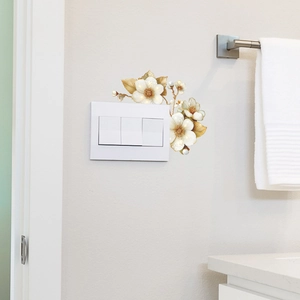 Elegant white floral switch wall sticker with gold leaves and pearl accents for home decor
