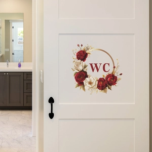 Sticker mural WC avec couronne de roses rouges et blanches pour décorer la salle de bain