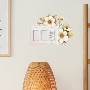 Elegant white floral light switch wall sticker with gold edges and pearl accents for decor