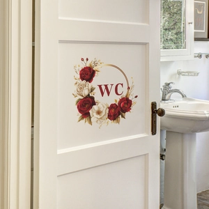 Sticker de porte WC floral avec roses rouges pour décoration salle de bain