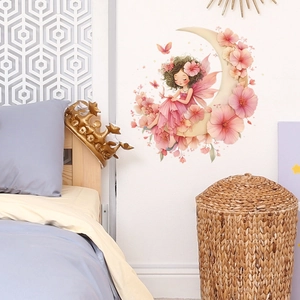 Sticker mural féerique avec fée et lune rose pour une décoration de chambre de fille