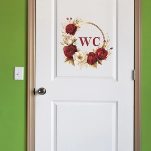 Sticker mural couronne de fleurs romantiques avec lettrage WC pour porte de toilette