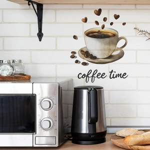 Watercolor coffee time wall sticker featuring steaming cups and beans for kitchen decor
