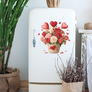 Romantischer Blumenkorb und Herzballons Wandtattoo auf weißem Retro Kühlschrank