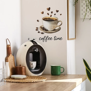Artistic coffee cup wall sticker with coffee time text and heart beans decor
