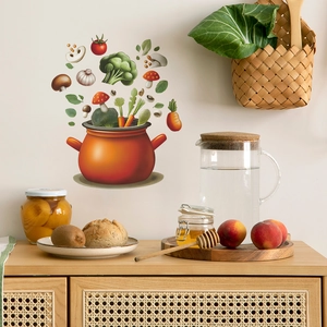 Kitchen wall stickers featuring hand-drawn cooking pot and fresh vegetables for decor