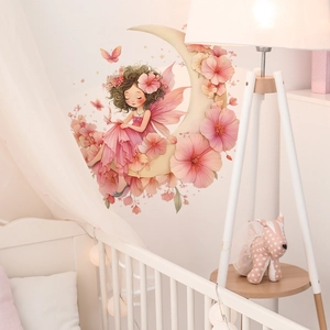 Sticker mural fée romantique sur lune fleurie pour décoration de chambre de fille