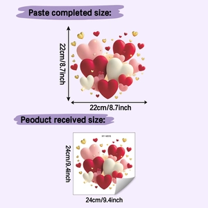 Detail showing 3D heart wall sticker sizes and dimensions for bathroom decoration