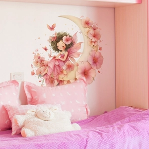 Sticker Mural Fée des Fleurs et Lune Romantique Amovible PVC Autocollant Fille Dessin Animé pour Chambre d'Enfant Maison