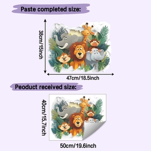 Detailed size guide for 3D safari animals wall sticker with lion and giraffe illustrations