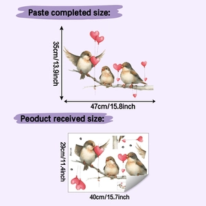 Detail view of bird and heart wall sticker dimensions and layout measurement guide