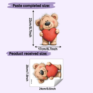 Detailed size guide of cute teddy bear wall sticker with layout and final dimensions