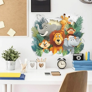 3D cartoon forest animals wall sticker with lion and elephant breaking through the wall