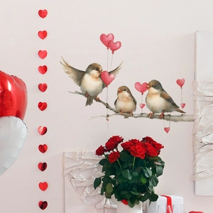 Watercolor wall sticker with three birds and pink heart balloons for home decoration