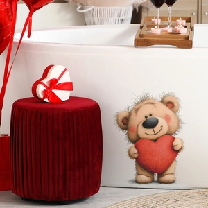 Cute cartoon brown bear holding a red heart waterproof PVC wall sticker for home decor