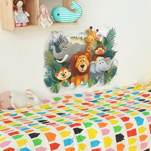 3D broken wall tropical animals wall sticker for kids bedroom decor featuring lions and giraffes